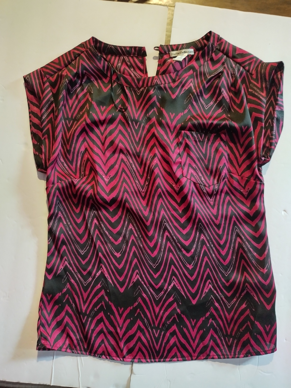 Dalia Collection Pink and Black Chevron Satin Cap Sleeve Blouse